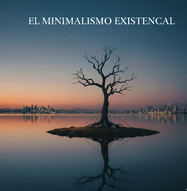 “Un árbol solitario y desnudo sobre una pequeña isla en un lago sereno, con el reflejo del agua y una ciudad iluminada al fondo durante el atardecer, bajo el título 'El Minimalismo Existencial'.”