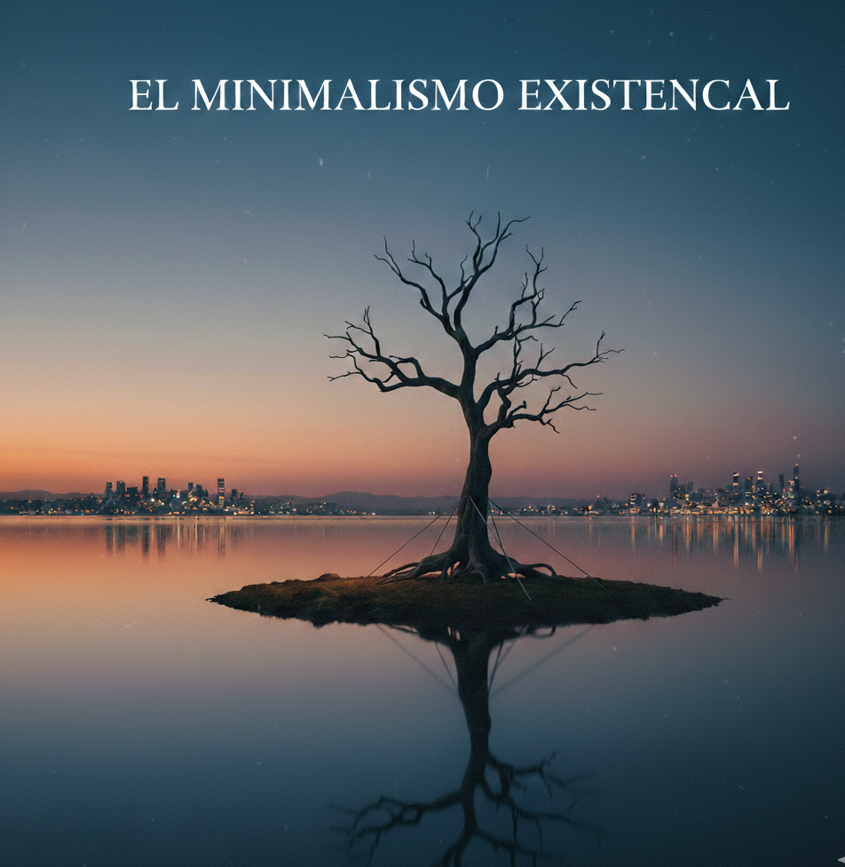 “Un árbol solitario y desnudo sobre una pequeña isla en un lago sereno, con el reflejo del agua y una ciudad iluminada al fondo durante el atardecer, bajo el título 'El Minimalismo Existencial'.”